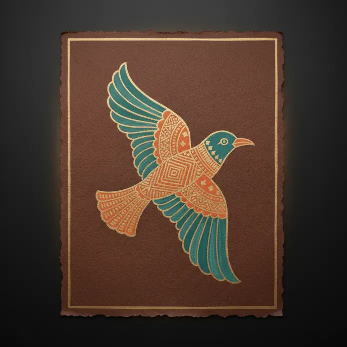 A graphic representation of a bird in flight, using curved lines for wings and a pointed tail.