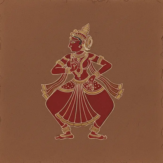 A line drawing of a traditional Odissi dancer with curved body posture and detailed hand gestures.