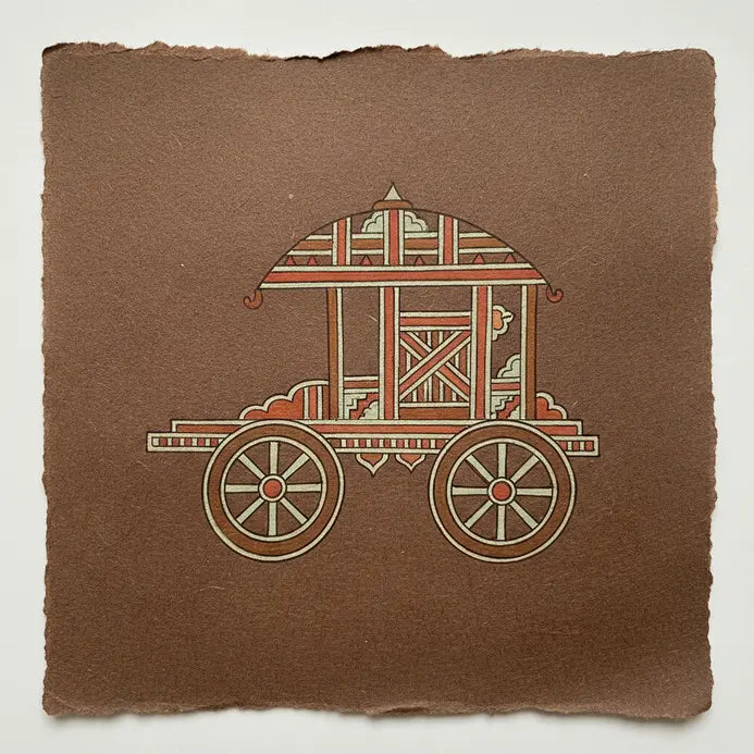 A basic, stylized drawing of a chariot with a canopy, two large wheels, and a simplified horse.