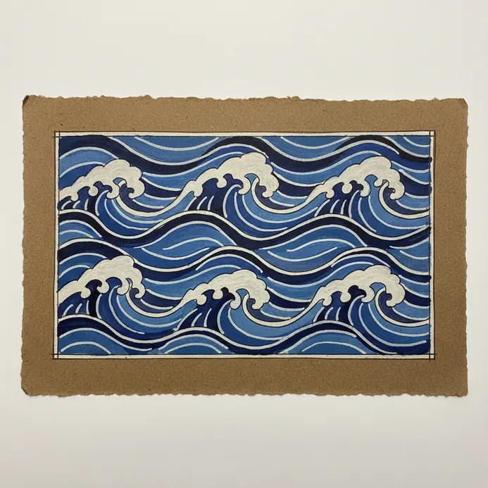A continuous border pattern of overlapping, stylized waves drawn with rhythmic curved lines.