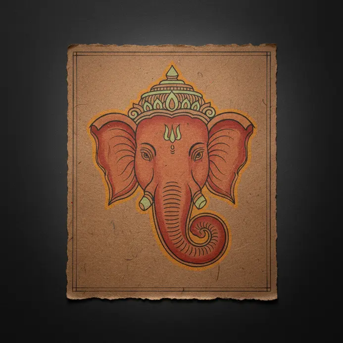 A clean line art drawing of Ganesha's elephant head with a stylized trunk and large ears.