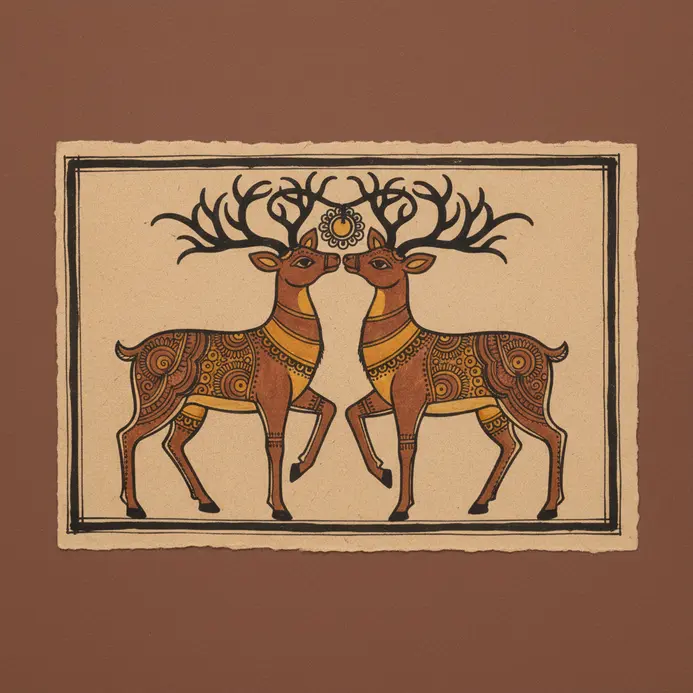 A pair of symmetrical deer with ornate antlers, drawn with flat shapes and bold outlines.