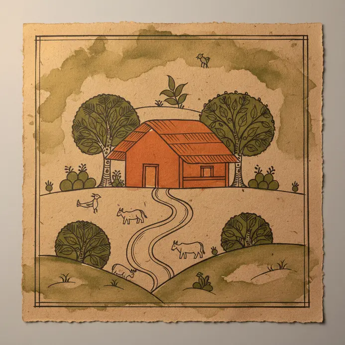 A flat, graphic painting of a small hut with a thatched roof and a tree, using primary colors.