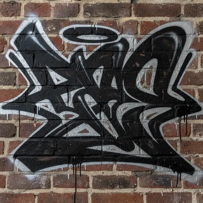 A monochromatic, handwritten spray paint signature on a textured urban wall.