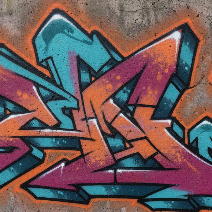 An abstract, interlocking letterform created with multiple spray paint colors.