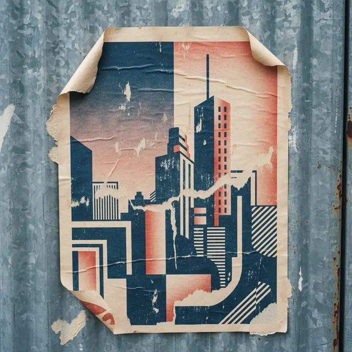 A printed paper poster adhered to a metal surface with wheatpaste adhesive.