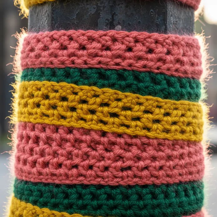 Colorful knitted and crocheted textiles wrapped around urban objects.