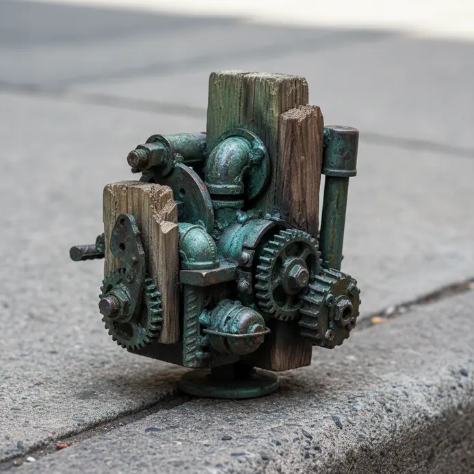 A small sculptural object made from reclaimed materials on a city street.