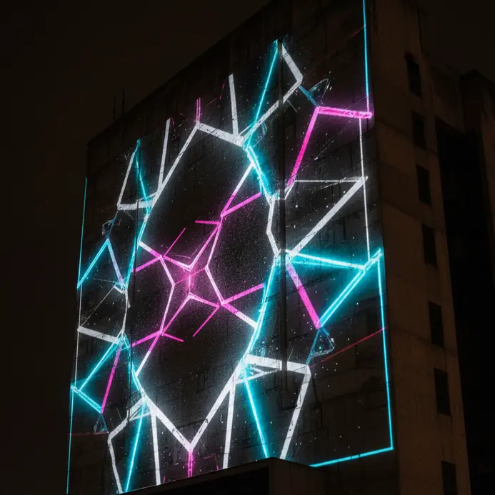 A dynamic, colorful light pattern projected onto an architectural surface at night.