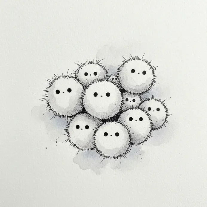 A cluster of simple black dot Soot Sprites with tiny white eyes, drawn with ink on paper.