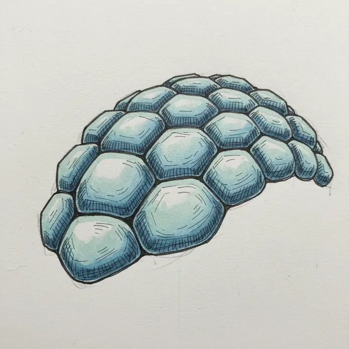 A detailed line drawing focusing on the textured, segmented pattern of one part of an Ohmu shell.