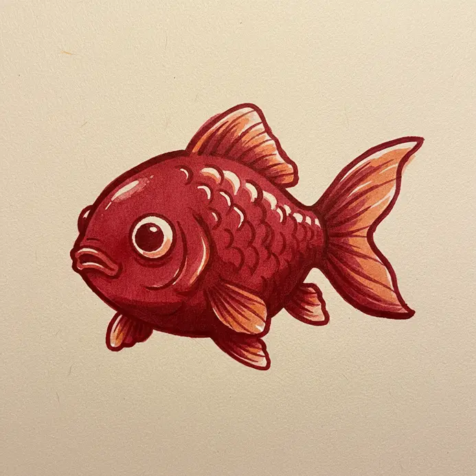 A solid black silhouette of Ponyo in her goldfish form with a round body and a small fin.