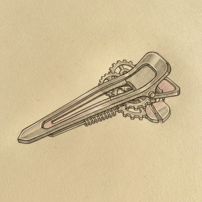 A stylized sketch of a small, detailed hair clip with a pin, inspired by Arrietty's accessories.
