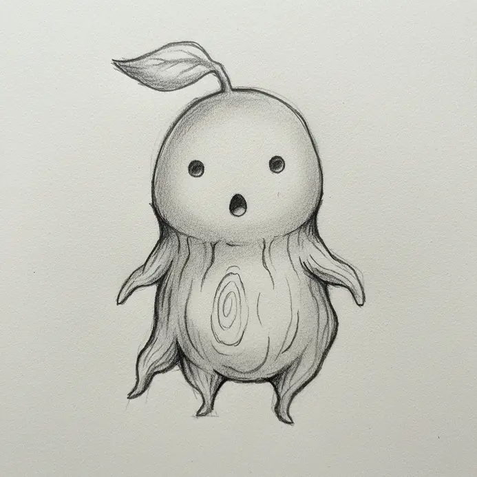 A simple pencil drawing of a Kodama spirit with a round head and large, hollow eyes.