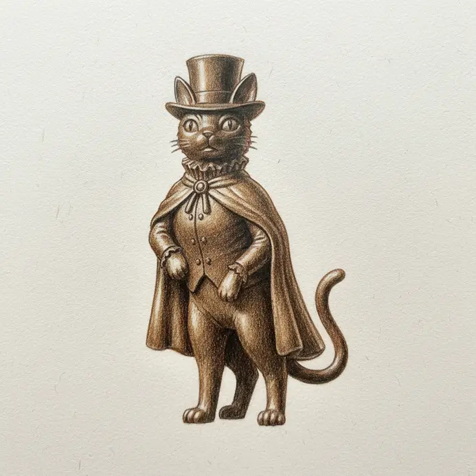 A solid black silhouette of the Baron cat statue in a proud, seated pose.