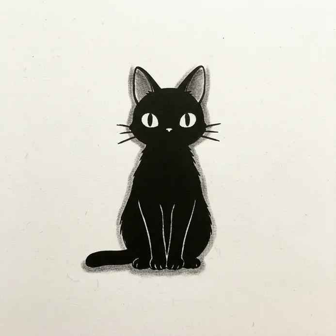 A solid black silhouette of Jiji the cat in a sitting pose with perked ears.