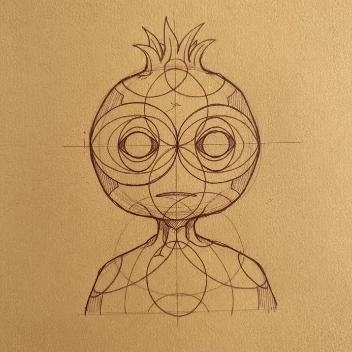 A sketch of Turnip Head constructed from simple circles, ovals, and a rectangle for his body.