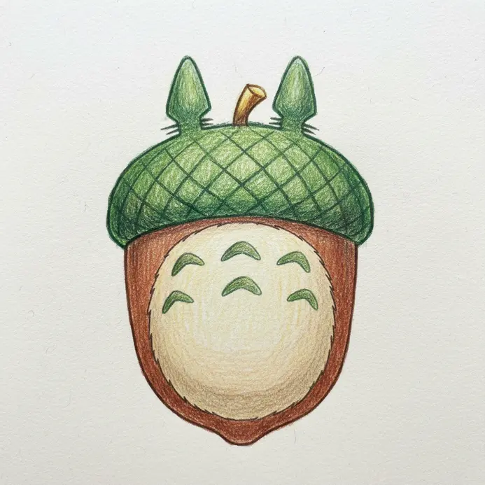 A detailed colored pencil sketch of a single acorn, focusing on its textured cap and smooth nut.