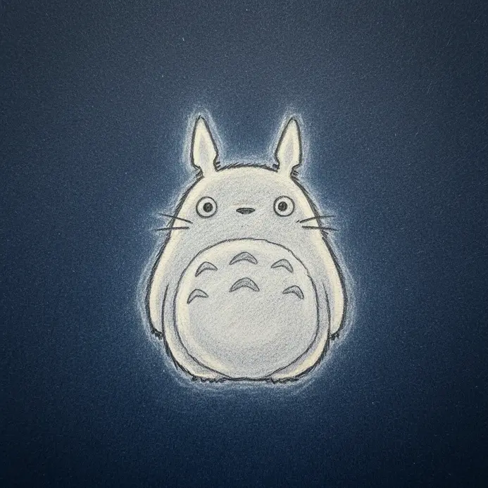 A clean white-line drawing on dark paper showing a cute, simplified Totoro shape.