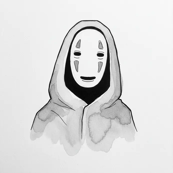 A minimalist line drawing focusing on the simple oval shape and hollow eyes of No-Face's mask.