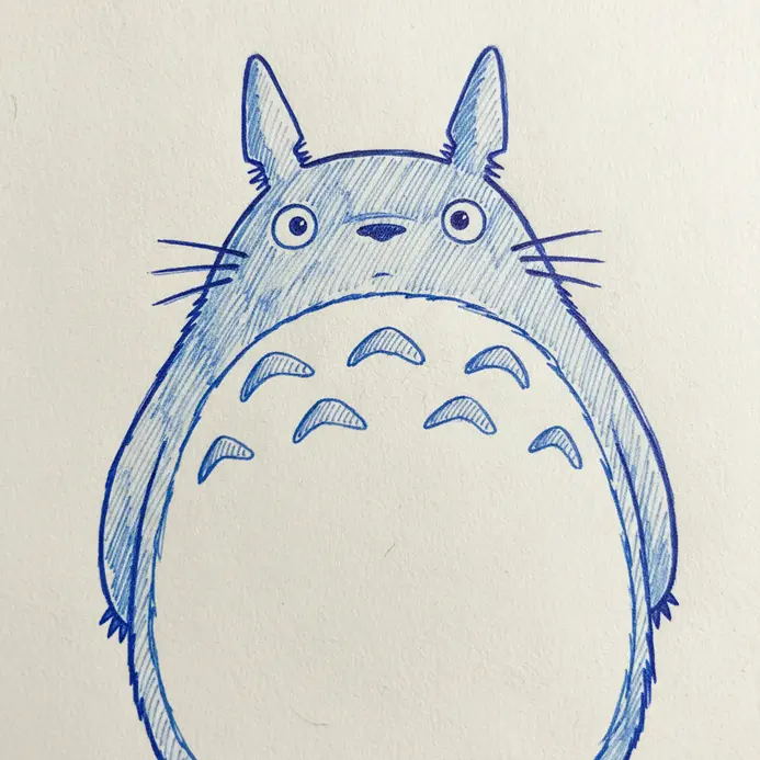 A light blue ink outline of a Chu Totoro, showing its round body and small ears.