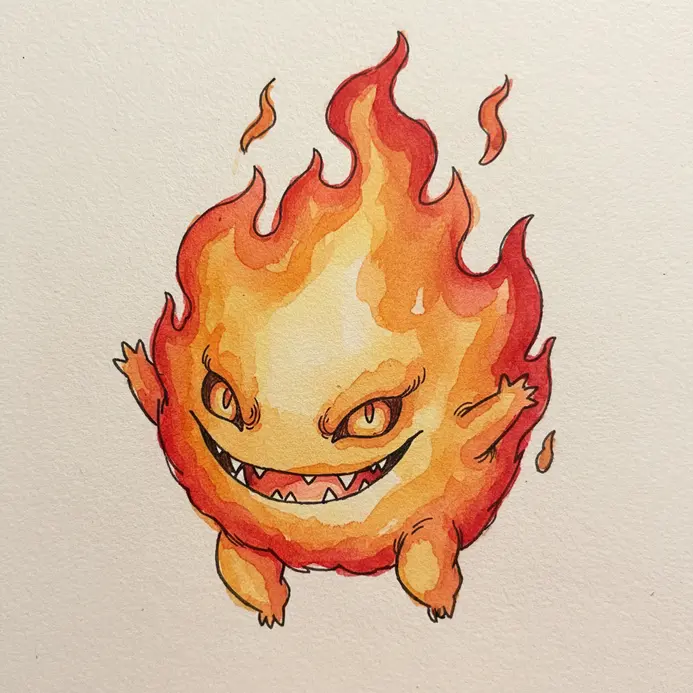 A watercolor or marker sketch of Calcifer as a simple, expressive flame with two eyes.
