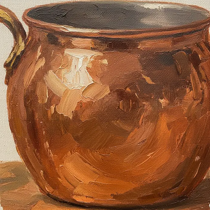 A painting showing the warm local color of a copper teapot before detailed reflections are added.