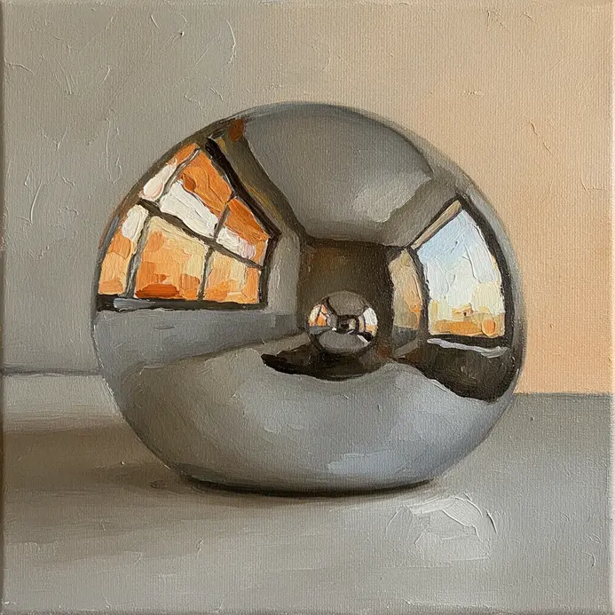 A detailed study of a curved surface mirroring distorted shapes from its surroundings.