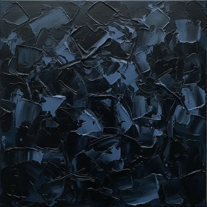 A painting focusing on the darkest black and near-black values within a reflective object.