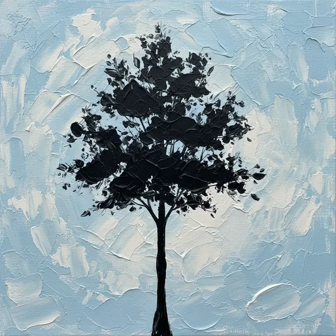 A simple black tree silhouette painted with acrylic on a light background.