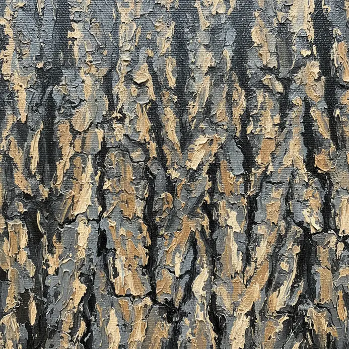 The rough, grooved texture of tree bark achieved with a dry brush and minimal paint.