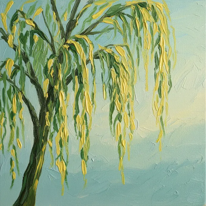 A vibrant willow tree with long, drooping yellow branches painted in spring.