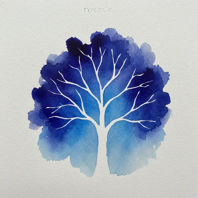 A white tree created through negative painting by filling in the surrounding dark background.