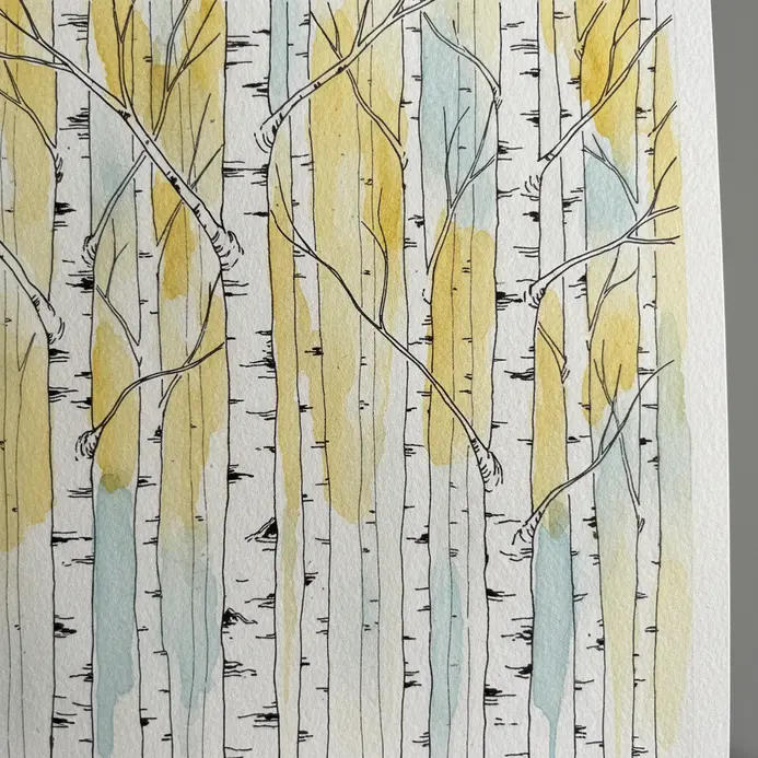 A cluster of aspen trees defined with fine ink lines and filled with loose watercolor.