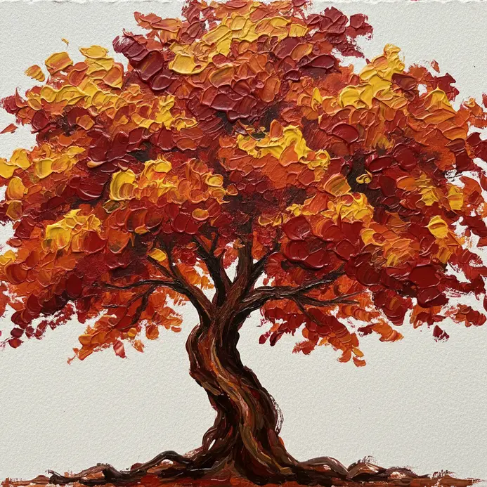 An expressive autumn tree created by applying paint directly with fingers.
