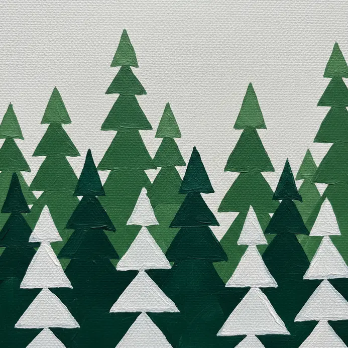 Modern, simplified pine trees painted using basic geometric triangle shapes.