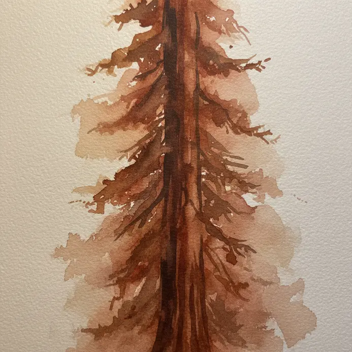 A tall redwood tree with colors that bleed and blend on wet watercolor paper.