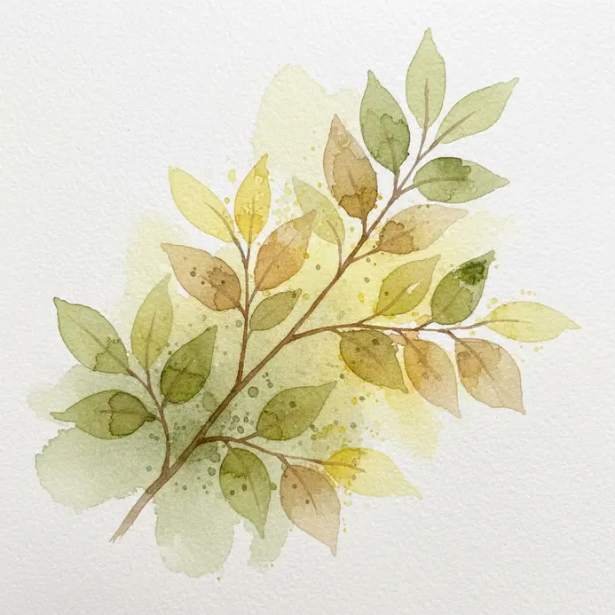 A focused botanical study of a single tree branch painted in watercolor.