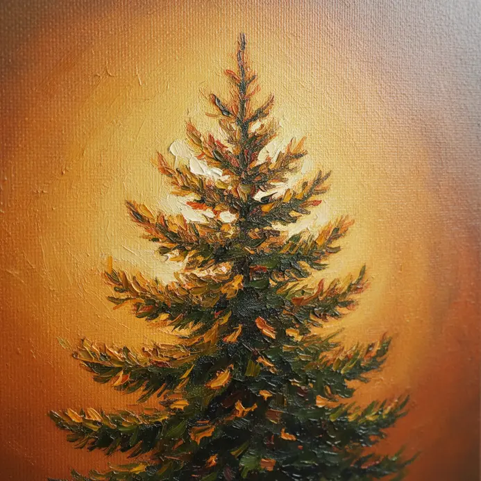 A fir tree illuminated by sunset light, created with rich, blendable oil paints.