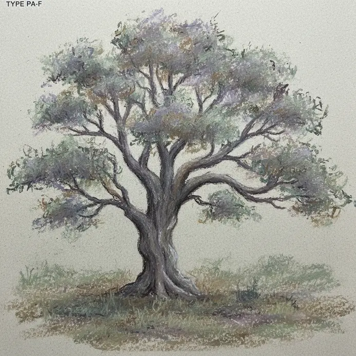 A tree standing on a textured forest floor, drawn with soft pastels.