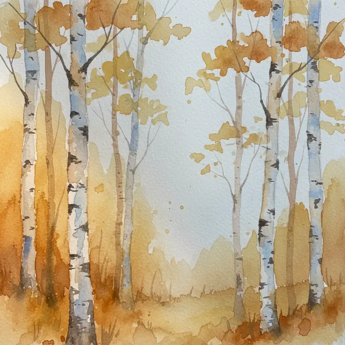 A loose watercolor painting of white birch trunks with yellow and orange foliage.