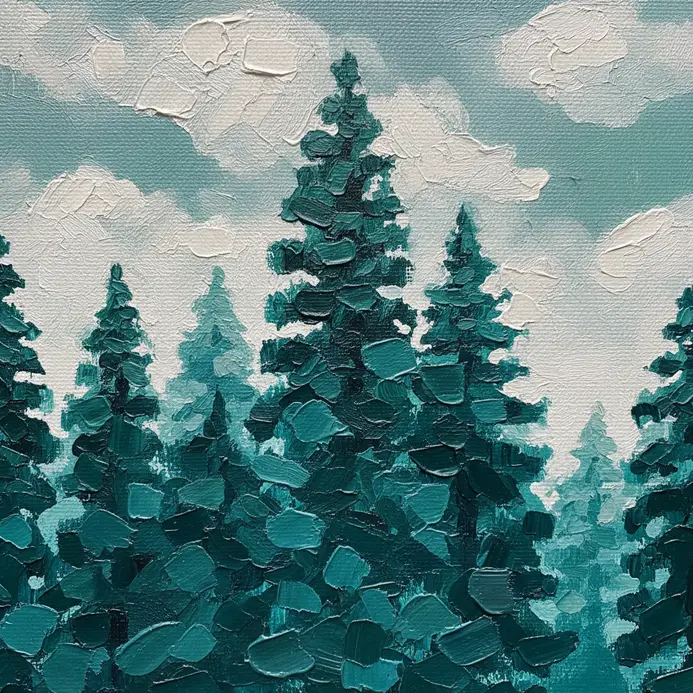 An impressionist style painting of cedar trees using distinct flat brush marks.