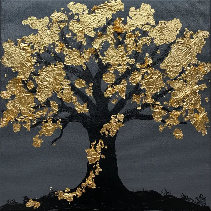 A decorative tree outline on a dark background with accents of applied gold leaf.