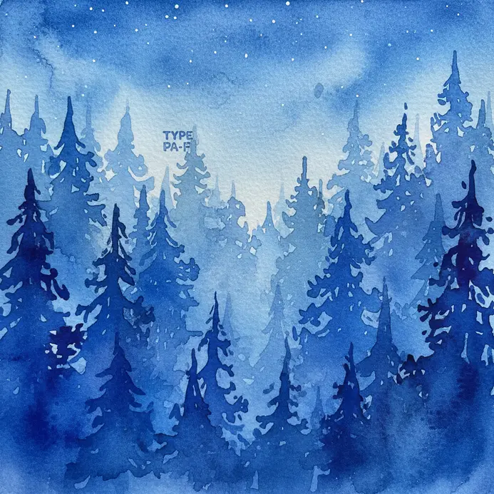 A serene pine forest scene painted in various shades of blue and white.