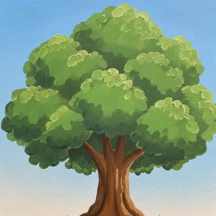 A simple, cheerful cartoon tree with a thick trunk and fluffy cloud-like foliage.