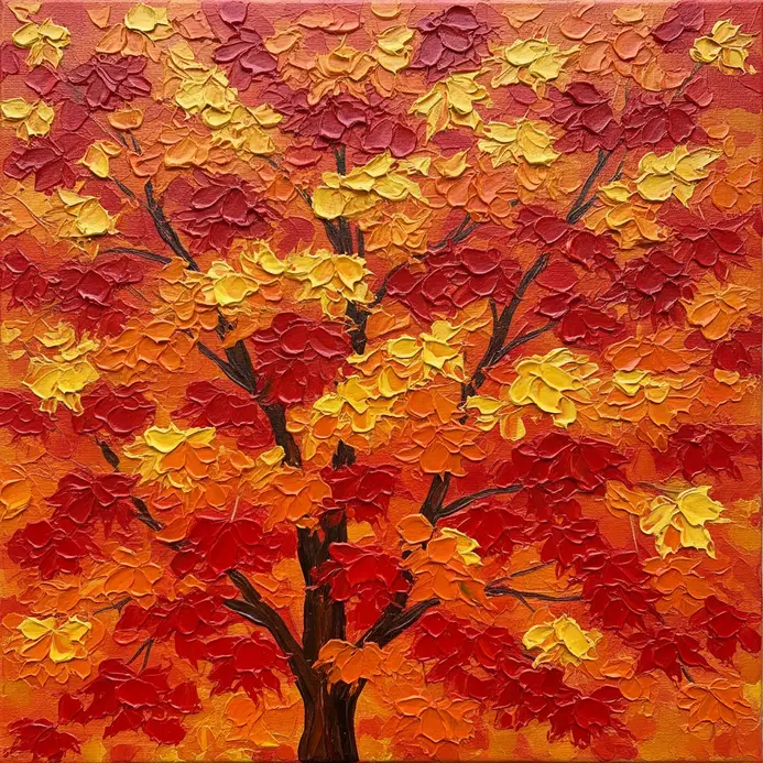 A maple tree in fall with layered paint creating depth in its colorful foliage.