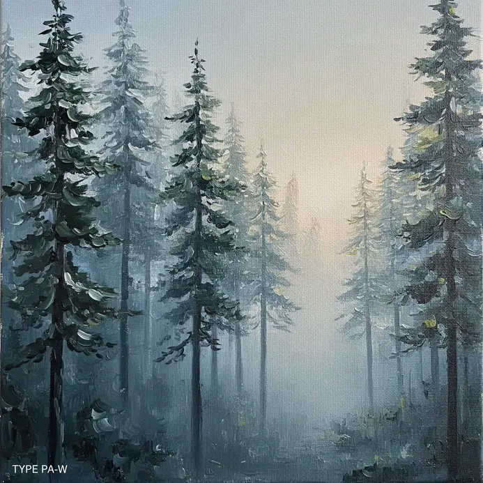 A tall, vertical painting emphasizing the upward reach of cedar trees.