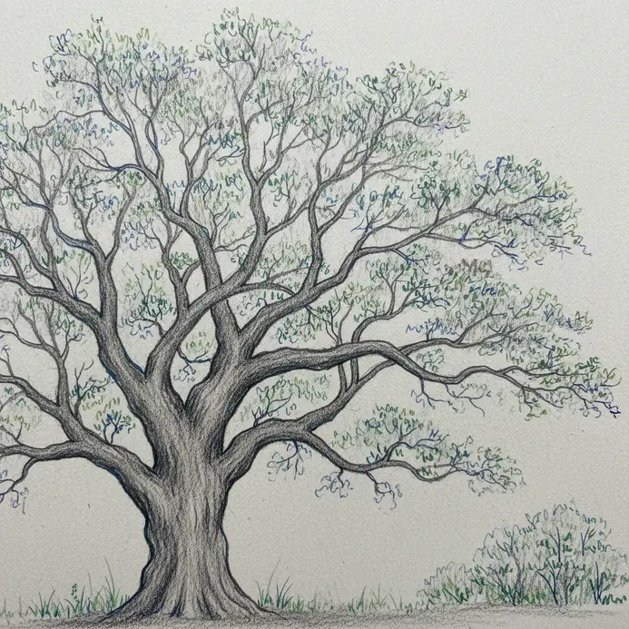 A detailed tree sketch in pencil with selective accents added in colored ink.