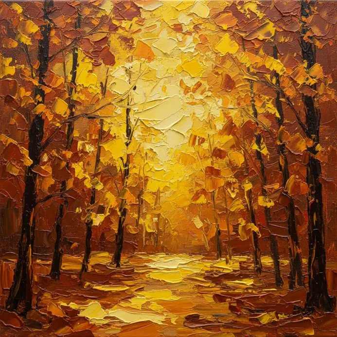 A fall landscape with trees made from heavy, impasto palette knife applications.