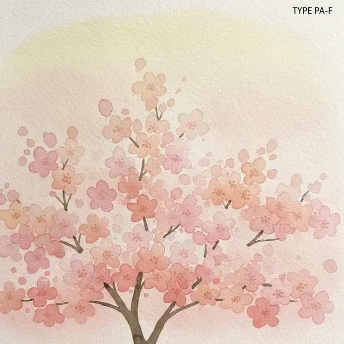 A cherry blossom tree in bloom with a gently blended watercolor background.